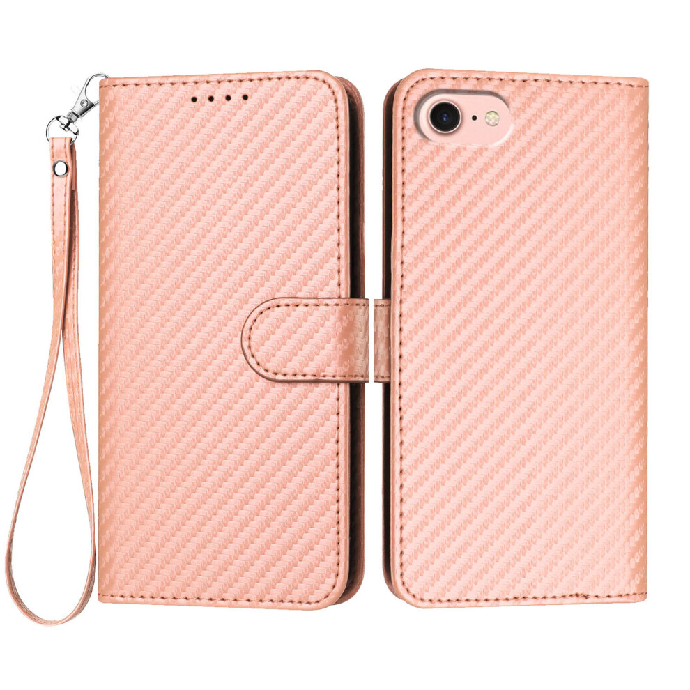 (Iphone 16E, ) For Iphone 16E Wallet Case With Strap Carbon Fiber Texture Leather Mobile Cover Pink 6914284815455