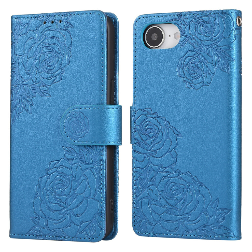 (Iphone 16E, ) For Iphone 16E Case Rose Flower Pu Leather Wallet Phone Cover With 3 Card Slots Blue 6914283891276