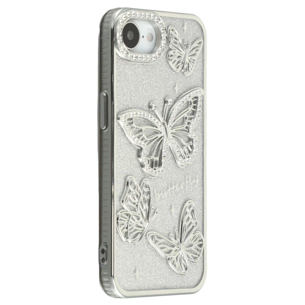(Iphone 16E, ) For Iphone 16E Case Rhinestones Decor 3D Butterfly Tpu Phone Cover With Glitter Paper Silver 6914287386761