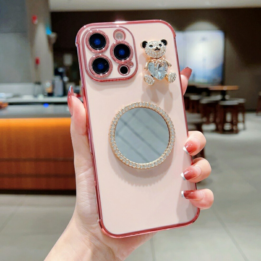 (Iphone 16 Pro, ) For Iphone 16 Pro Case Love Heart Pattern Electroplated Tpu Phone Cover With Small Bear And Mirror Pink 6914285109058