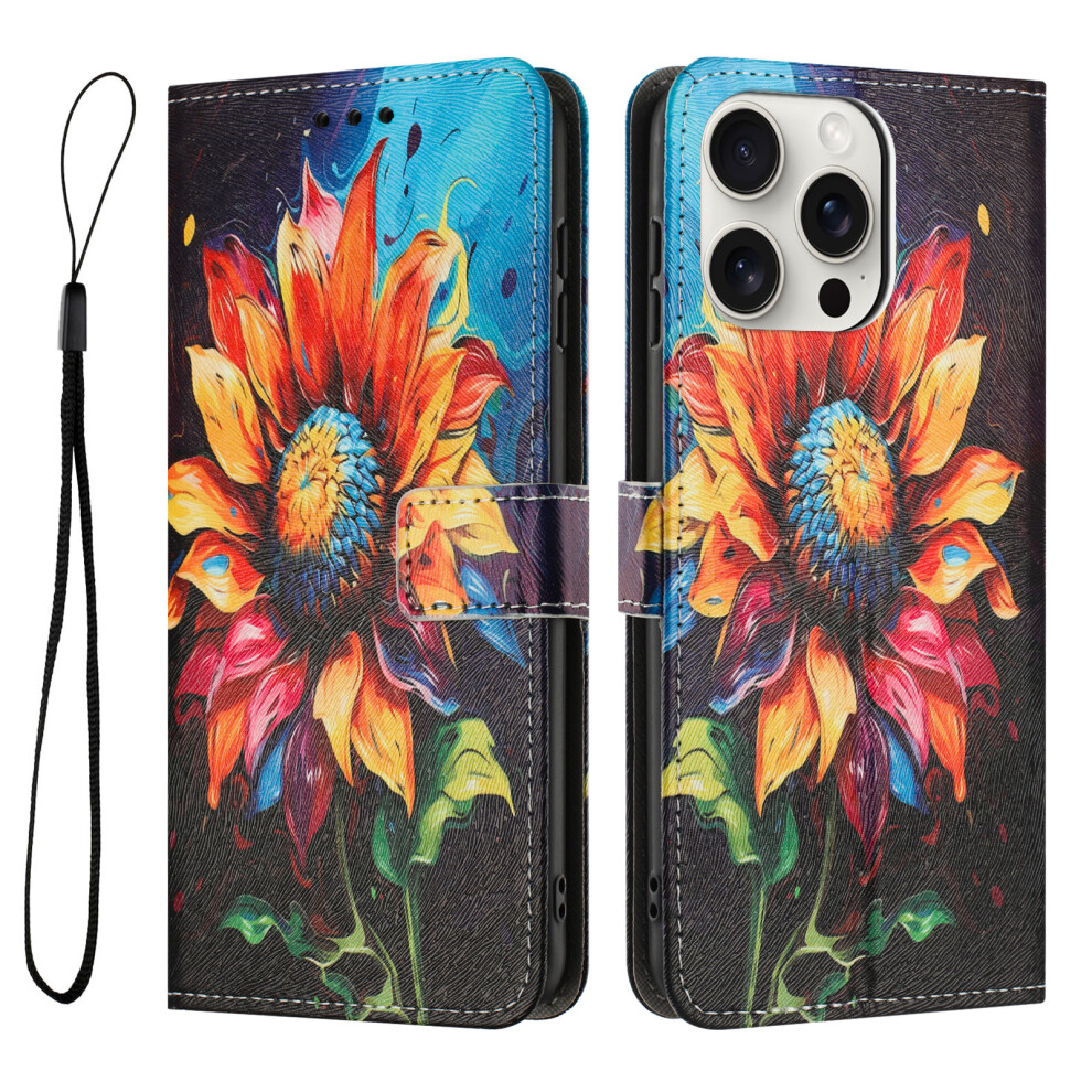 (Iphone 16 Pro, Sunflower) Yx-2501 For Iphone 16 Pro Stand Case Pattern Printing Pu Leather Wallet Phone Cover With Lanyard 6914284142445