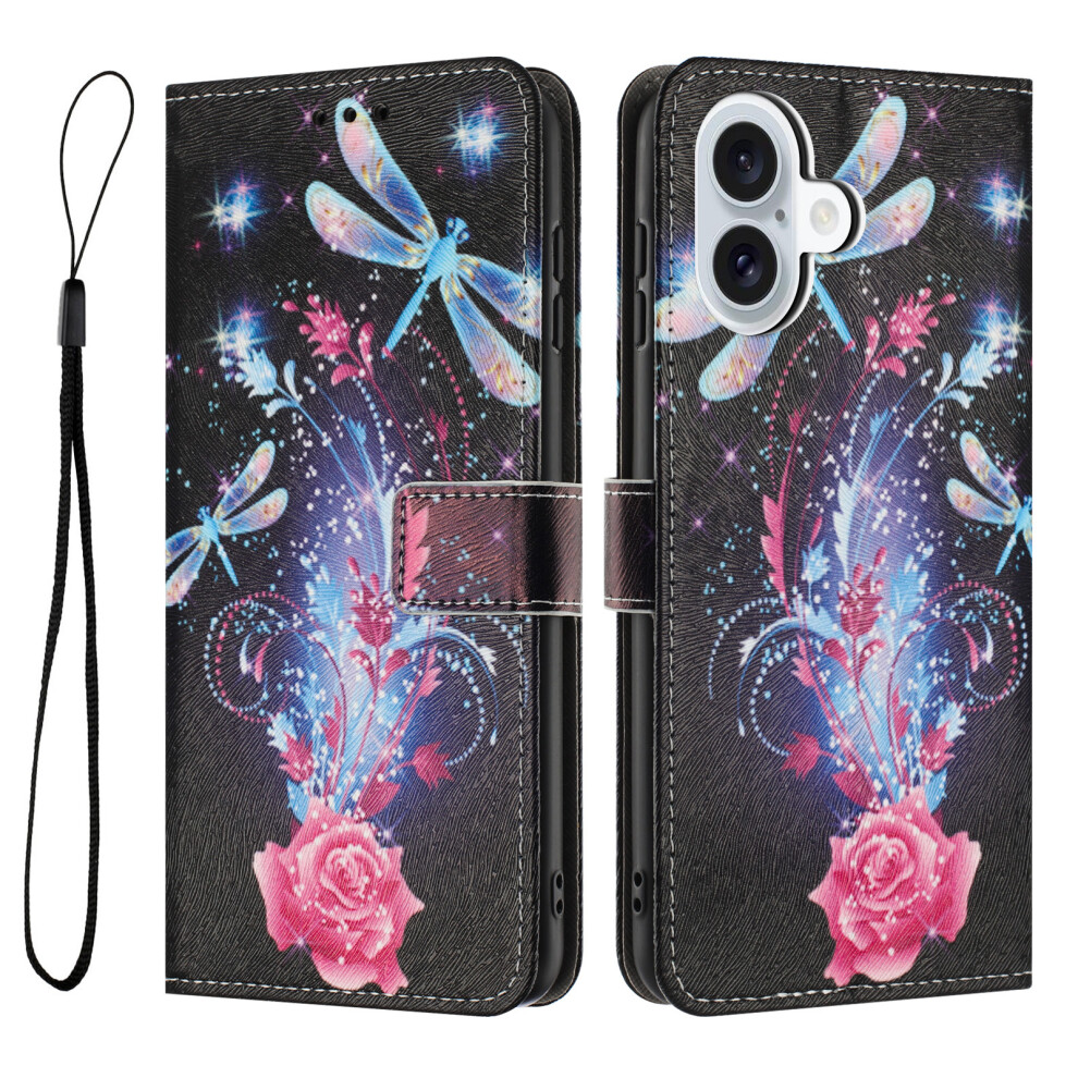 (Iphone 16 Plus, Dragonfly) Yx-2501 For Iphone 16 Plus Stand Case Pattern Printing Pu Leather Wallet Phone Cover With Lanyard 6914282747000