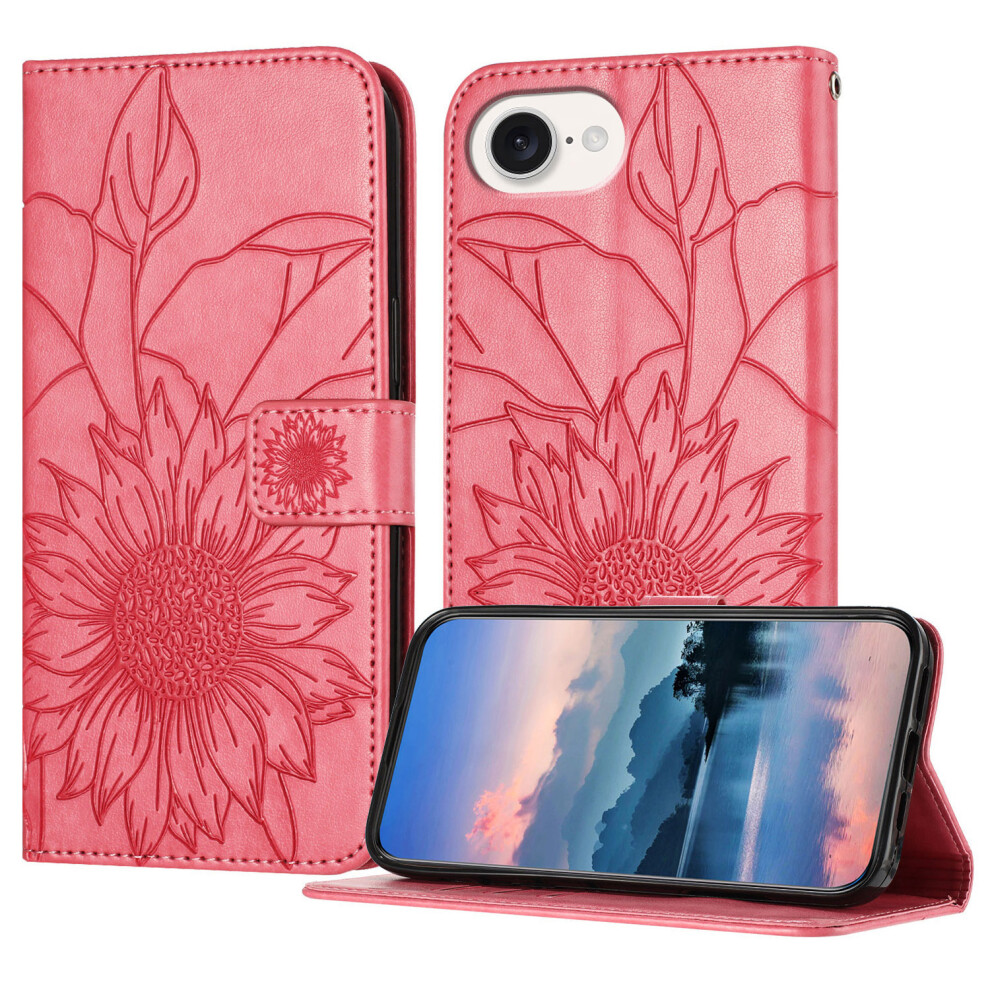 (iPhone 16e, Rose) For iPhone 16e Case Sunflower Imprinted Wallet Stand Folio Flip Leather Cover