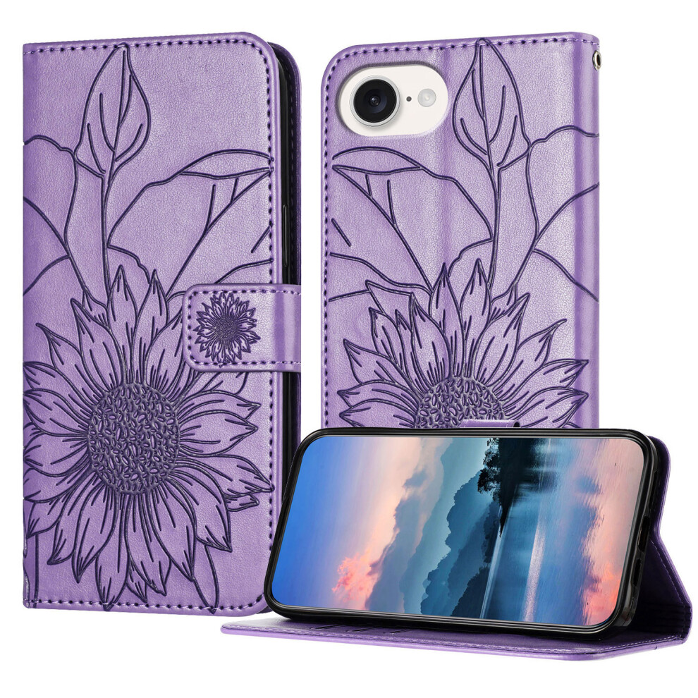 (Iphone 16E, Light ) For Iphone 16E Case Sunflower Imprinted Wallet Stand Folio Flip Leather Cover Purple 6914286432544