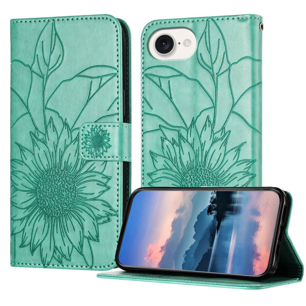 (Iphone 16E, ) For Iphone 16E Case Sunflower Imprinted Wallet Stand Folio Flip Leather Cover Green 6914287009783