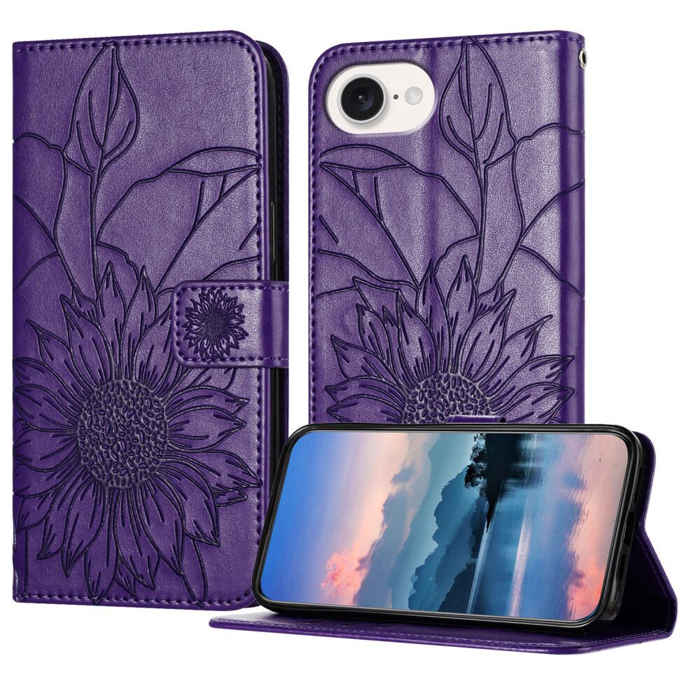 (Iphone 16E, Dark ) For Iphone 16E Case Sunflower Imprinted Wallet Stand Folio Flip Leather Cover Purple 6914289841299