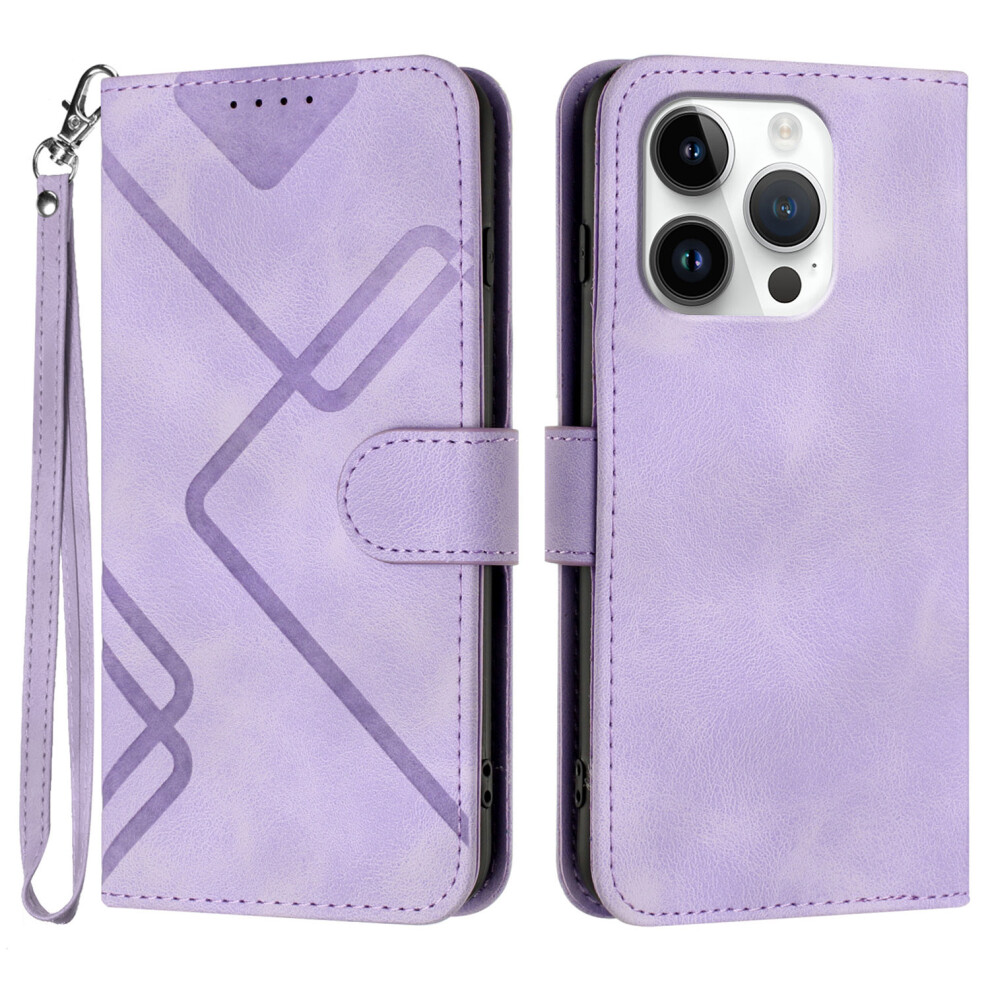 (Iphone 16 Pro, ) For Iphone 16 Pro Wallet Case Line Imprinted Pu Leather Phone Cover With Strap Purple 6914283415762