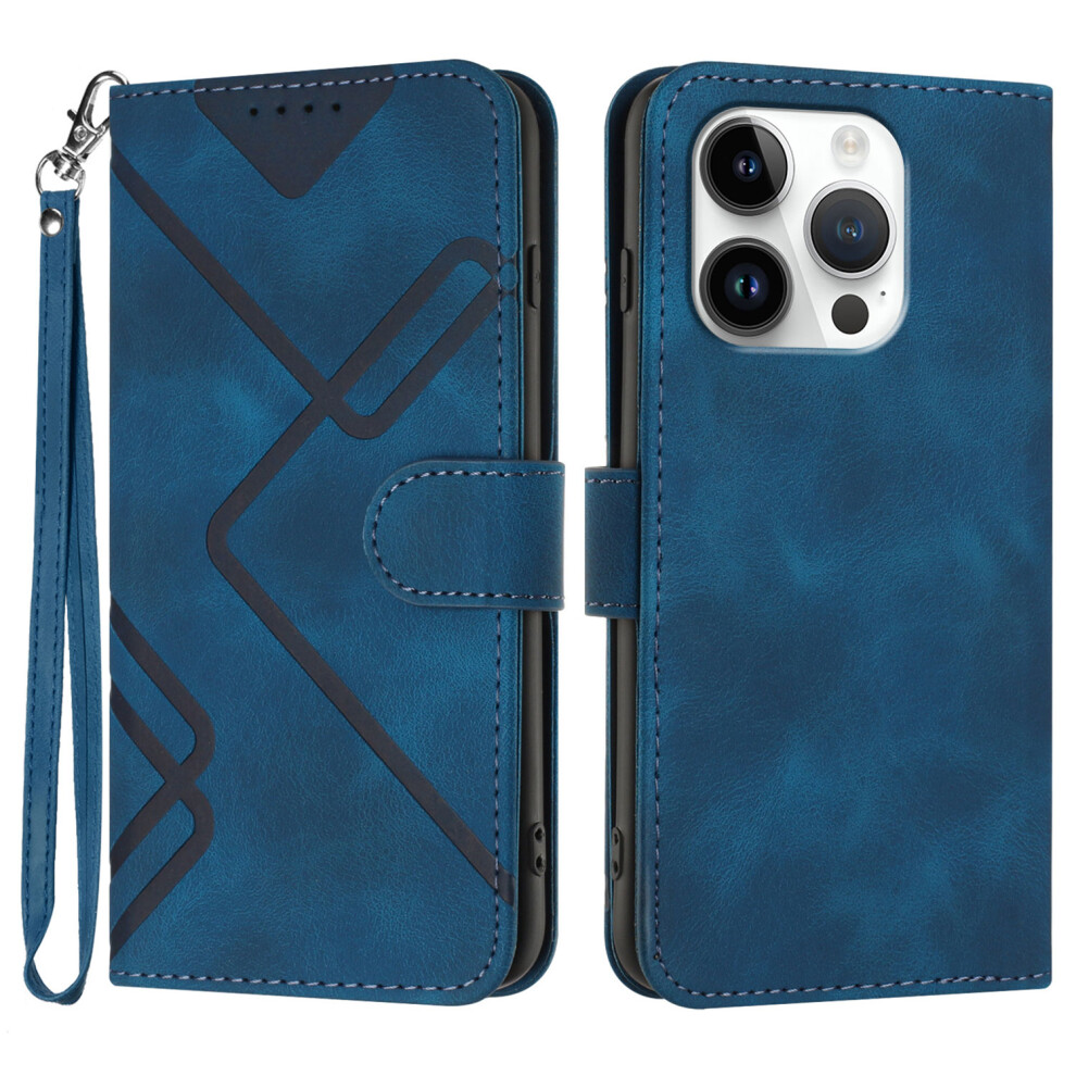 (Iphone 16 Pro, Royal ) For Iphone 16 Pro Wallet Case Line Imprinted Pu Leather Phone Cover With Strap Blue 6914287173859