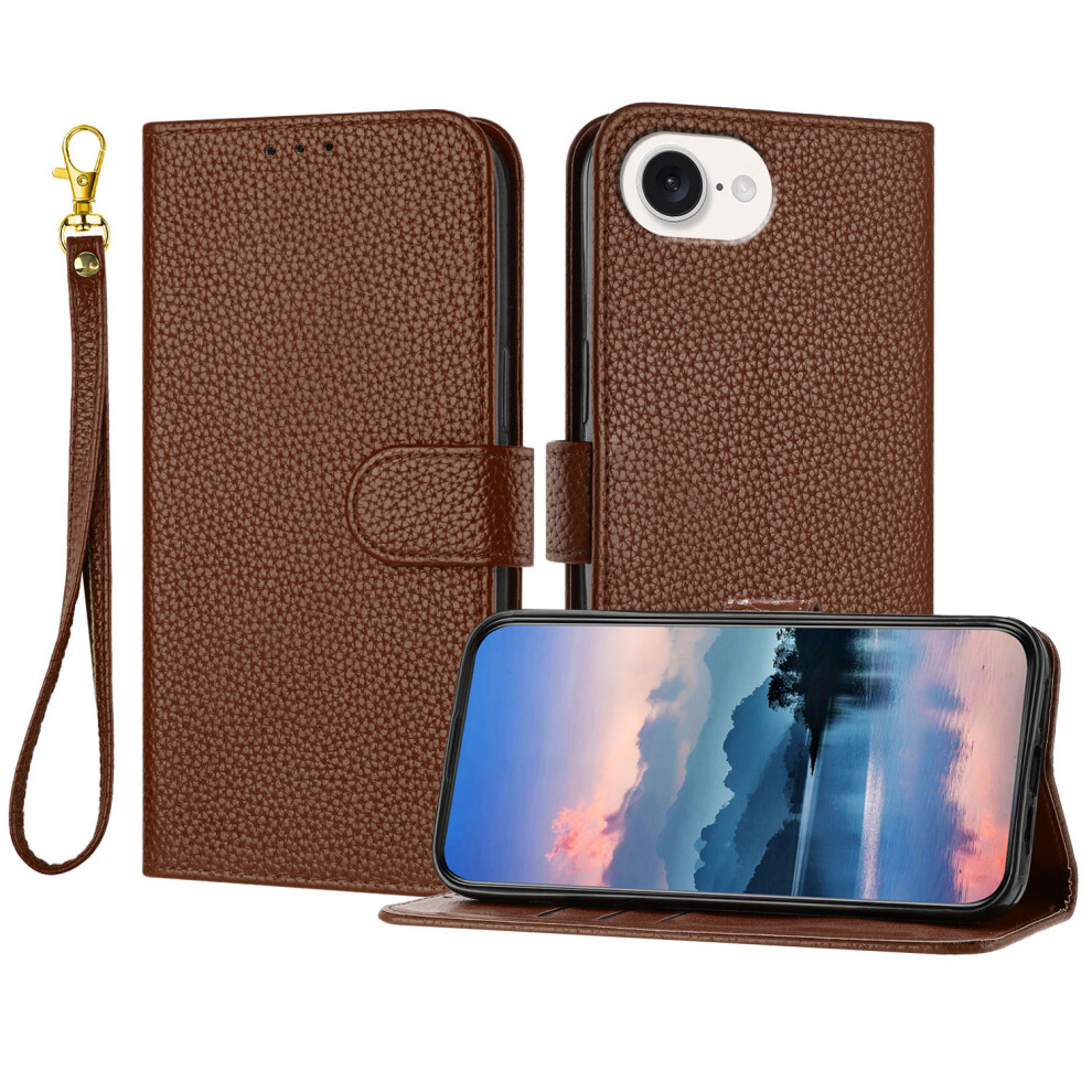 (Iphone 16E, ) For Iphone 16E Leather Case Litchi Texture Wallet Stand Anti Drop Phone Cover With Wrist Strap Brown 6914286373434