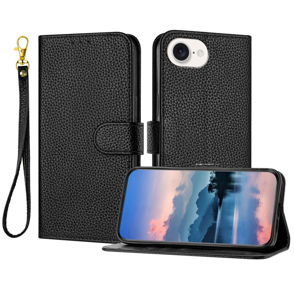 (Iphone 16E, ) For Iphone 16E Leather Case Litchi Texture Wallet Stand Anti Drop Phone Cover With Wrist Strap Black 6914286724243