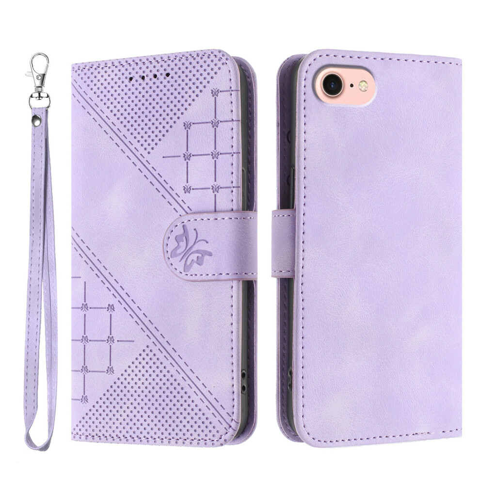 (Iphone 16E, ) For Iphone 16E Leather Wallet Case Butterfly Flower Imprinted Phone Cover With Strap Purple 6914281862971