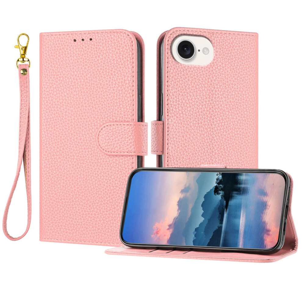(Iphone 16E, ) For Iphone 16E Leather Case Litchi Texture Wallet Stand Anti Drop Phone Cover With Wrist Strap Pink 6914281572443