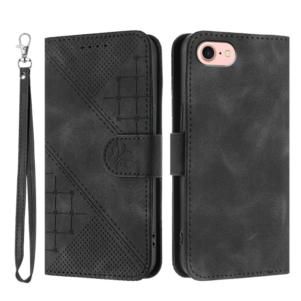 (Iphone 16E, ) For Iphone 16E Leather Wallet Case Butterfly Flower Imprinted Phone Cover With Strap Black 6914286323071