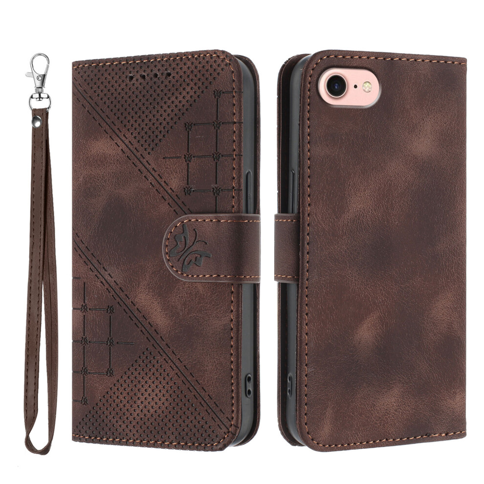 (Iphone 16E, Coffee) For Iphone 16E Leather Wallet Case Butterfly Flower Imprinted Phone Cover With Strap Brown 6914284686871