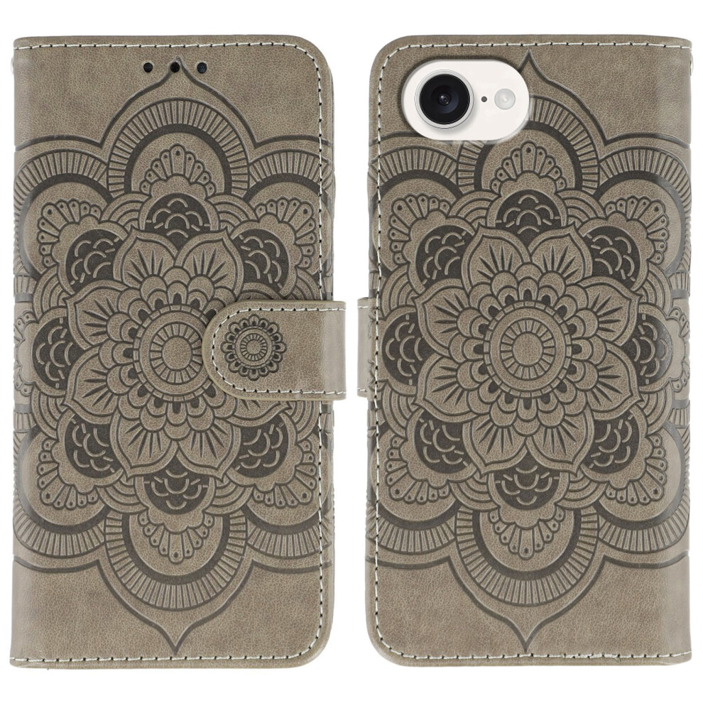 (Iphone 16E, ) For Iphone 16E Case Pu Leather Mandala Imprinted Design Wallet Phone Cover Grey 6914289433197