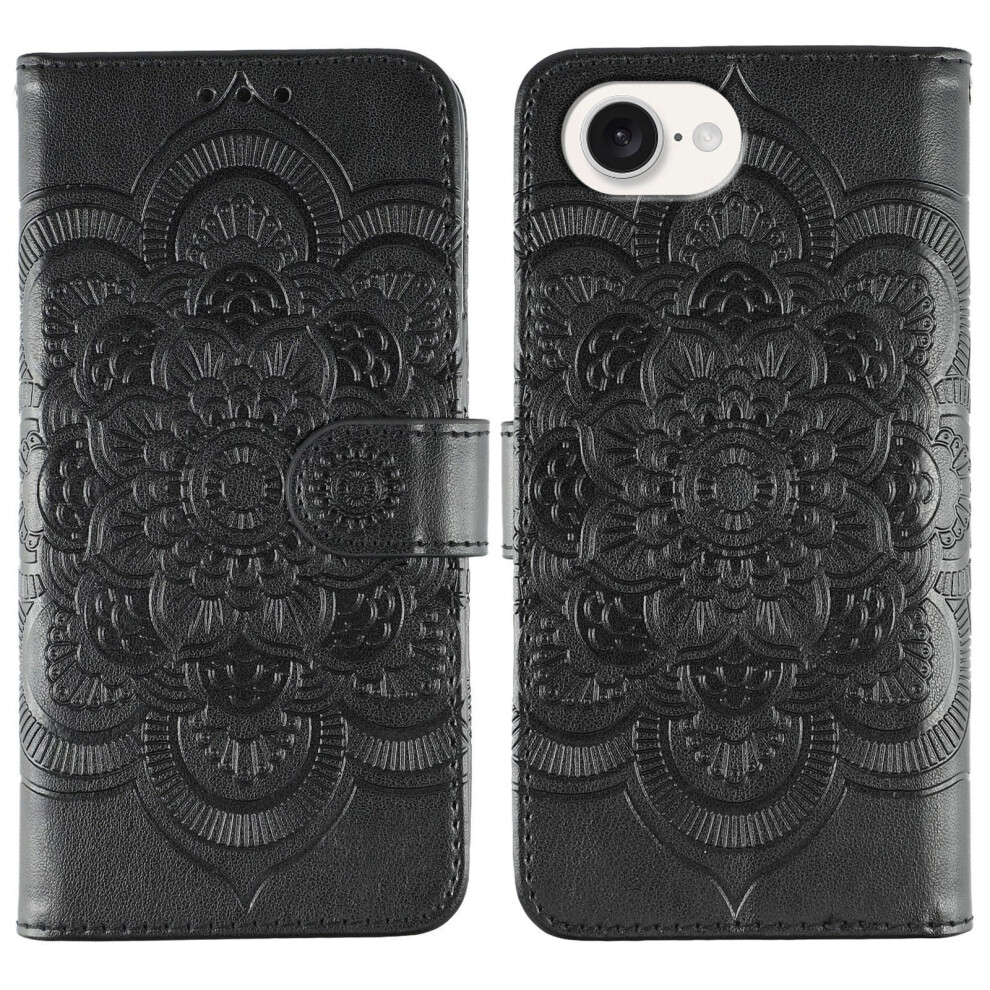 (Iphone 16E, ) For Iphone 16E Case Pu Leather Mandala Imprinted Design Wallet Phone Cover Black 6914284822286