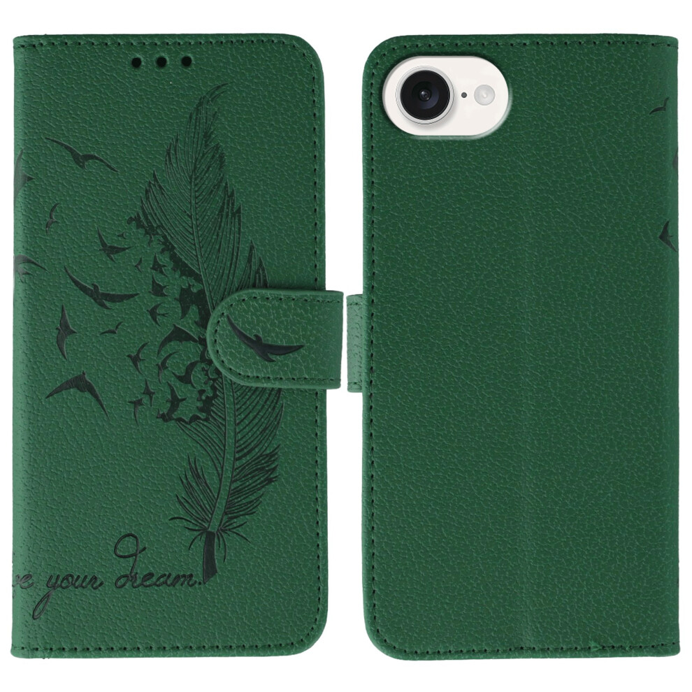 (Iphone 16E, ) For Iphone 16E Case Feather Imprint Pu Leather Wallet Phone Cover Green 6914289869866