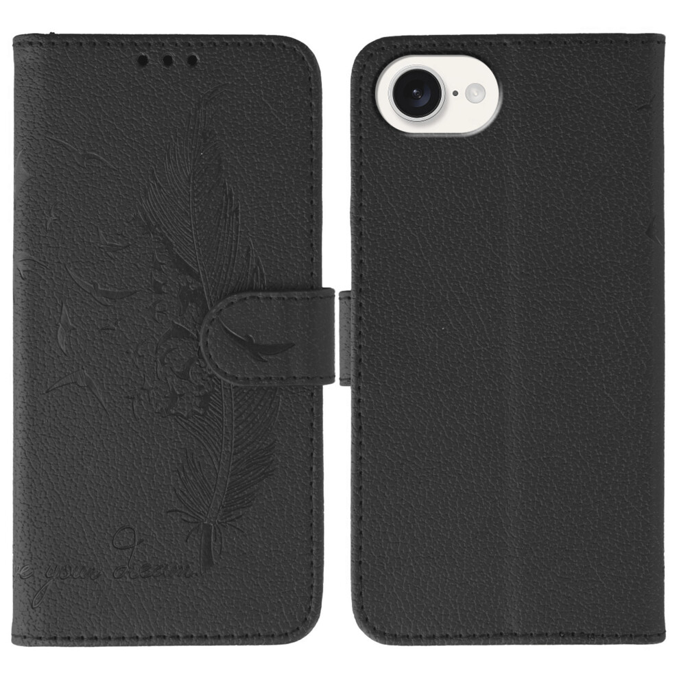 (Iphone 16E, ) For Iphone 16E Case Feather Imprint Pu Leather Wallet Phone Cover Black 6914280815411