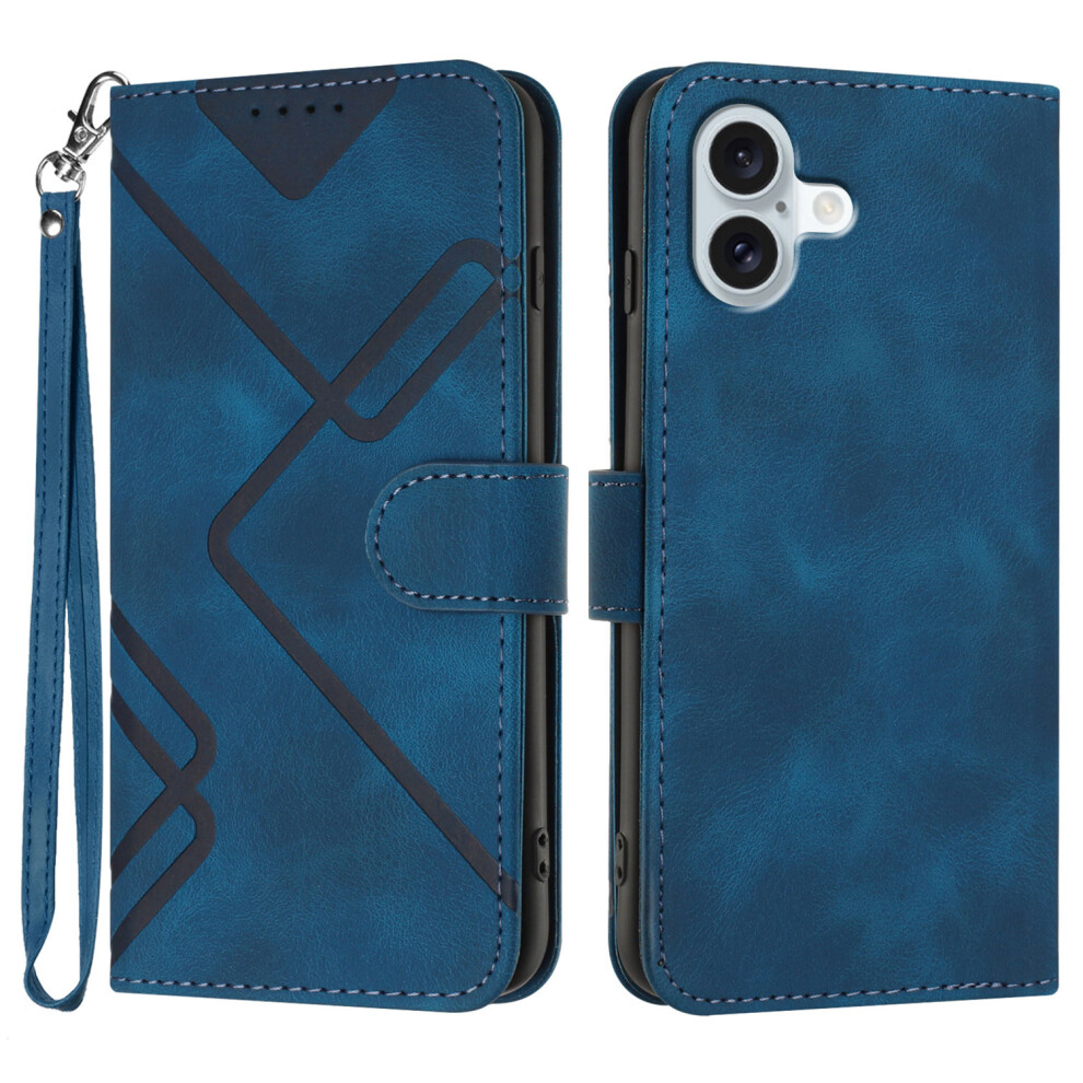 (Iphone 16 Plus, Royal ) For Iphone 16 Plus Wallet Case Line Imprinted Pu Leather Phone Cover With Strap Blue 6914283084470