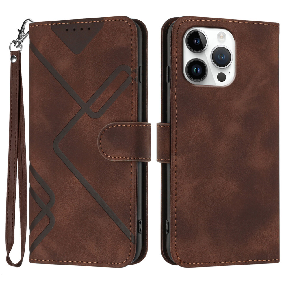 (Iphone 16 Pro Max, ) For Iphone 16 Pro Max Wallet Case Line Imprinted Pu Leather Phone Cover With Strap Brown 6914287536289