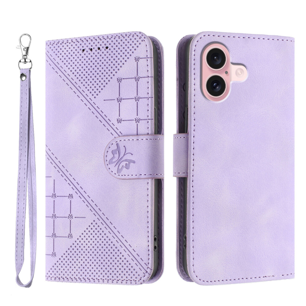 (Iphone 16, ) For Iphone 16 Leather Wallet Case Butterfly Flower Imprinted Phone Cover With Strap Purple 6914289915723