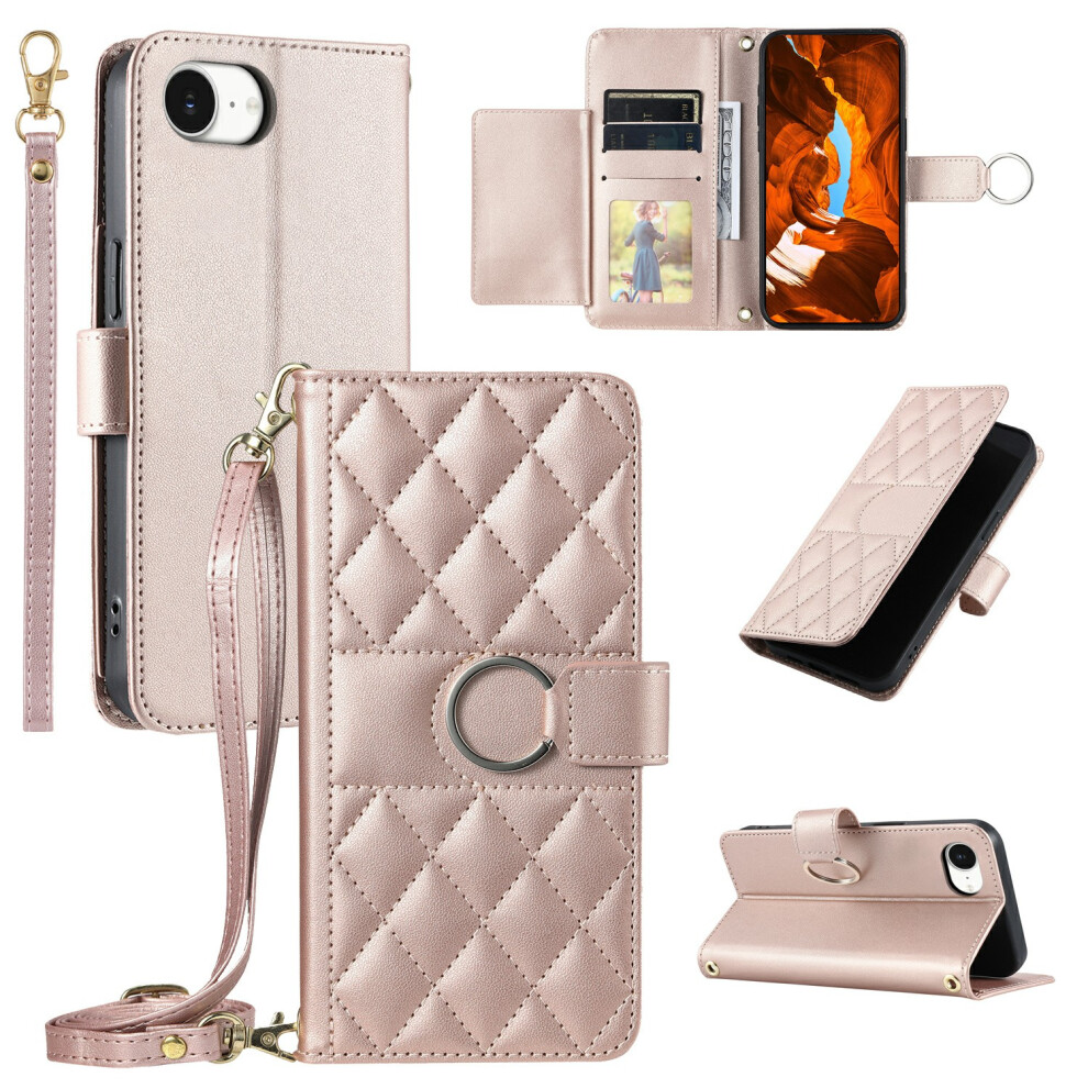 (Iphone 16E, Rose ) For Iphone 16E Crossbody Leather Case Ring Buckle Wallet Stand Rhombus Mobile Cover Gold 6914284462758