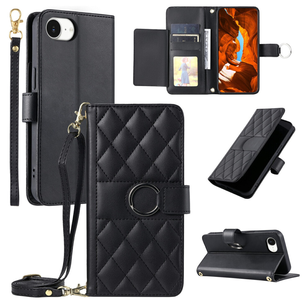 (Iphone 16E, ) For Iphone 16E Crossbody Leather Case Ring Buckle Wallet Stand Rhombus Mobile Cover Black 6914286300836