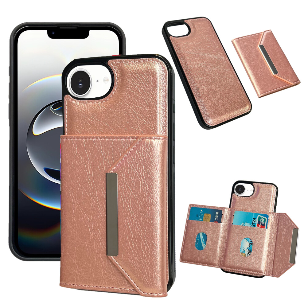 (Iphone 16E, Rose ) For Iphone 16E Case Card Bag Kickstand Tpu+Pu Phone Cover Gold 6914289528664