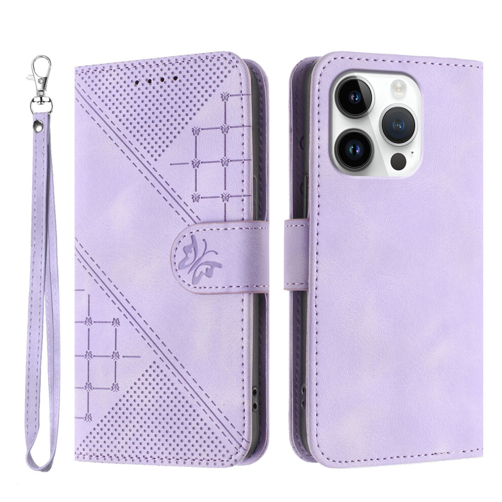 (Iphone 16 Pro Max, ) For Iphone 16 Pro Max Leather Wallet Case Butterfly Flower Imprinted Phone Cover With Strap Purple 6914281642658