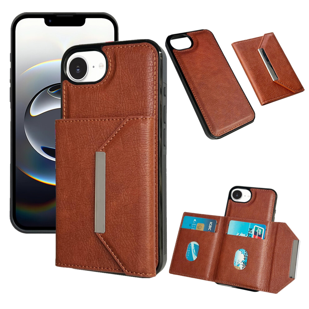 (Iphone 16E, ) For Iphone 16E Case Card Bag Kickstand Tpu+Pu Phone Cover Brown 6914286149299