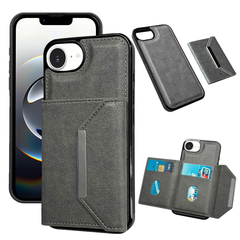 (Iphone 16E, ) For Iphone 16E Case Card Bag Kickstand Tpu+Pu Phone Cover Grey 6914283096275
