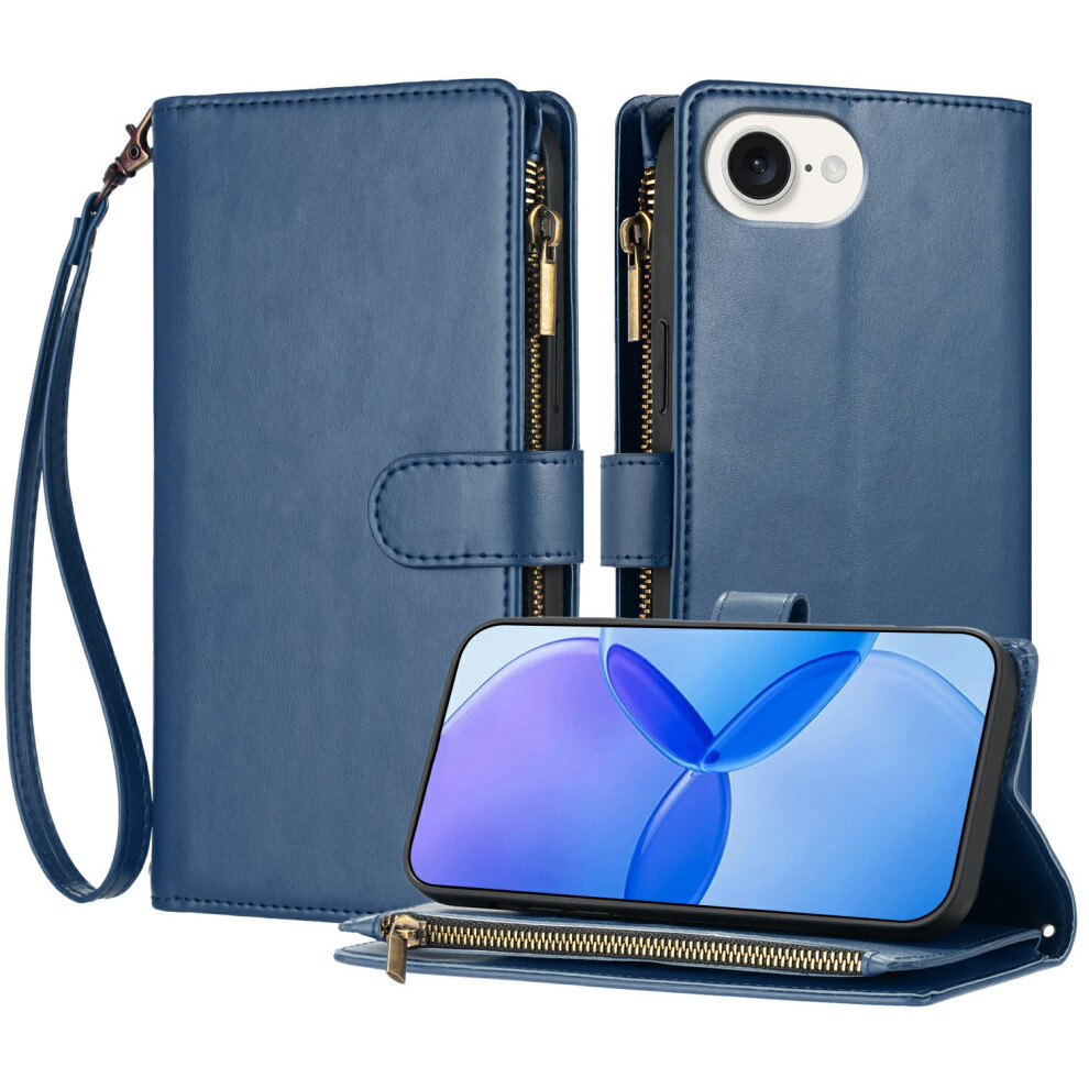 (Iphone 16E, ) For Iphone 16E Leather Case Zipper Wallet Stand Shockproof Phone Cover With Wrist Strap Blue 6914287428232