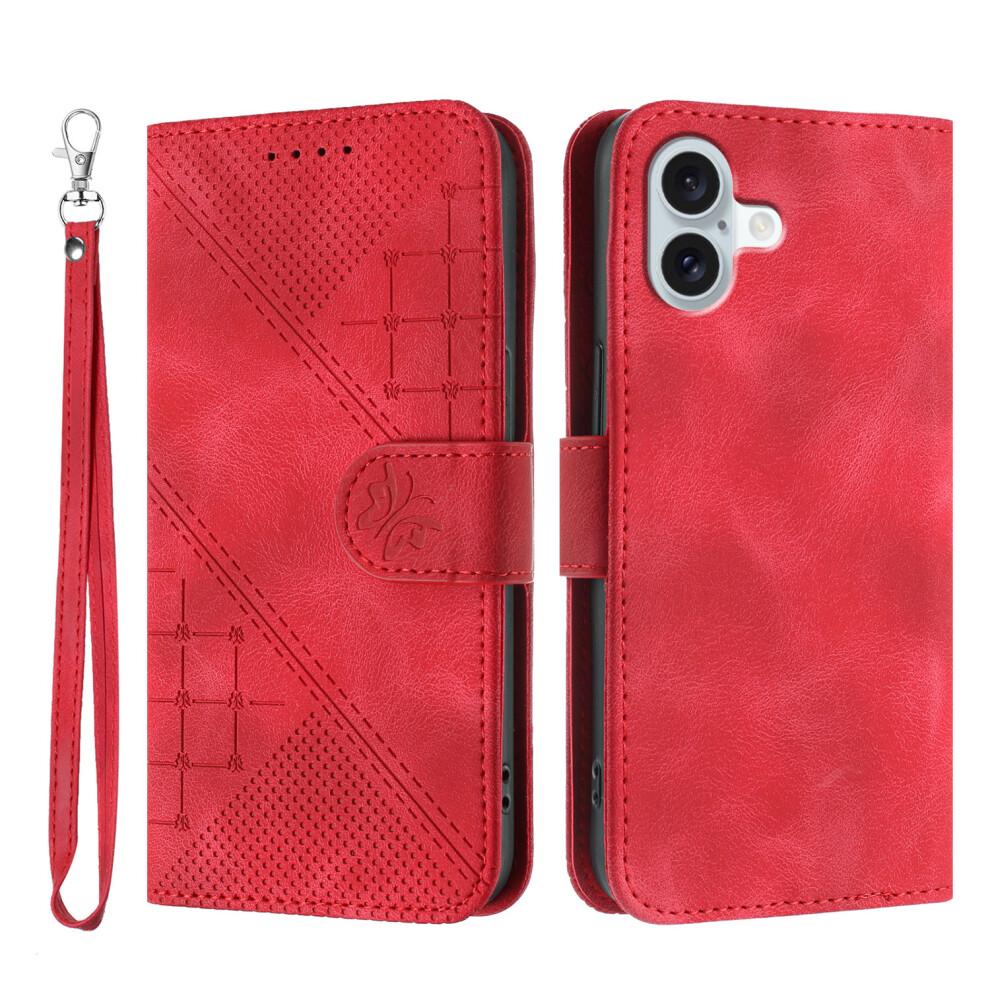 (Iphone 16 Plus, ) For Iphone 16 Plus Leather Wallet Case Butterfly Flower Imprinted Phone Cover With Strap Red 6914281812631