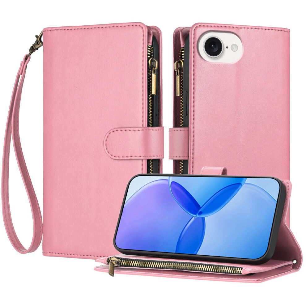(Iphone 16E, ) For Iphone 16E Leather Case Zipper Wallet Stand Shockproof Phone Cover With Wrist Strap Pink 6914289289466