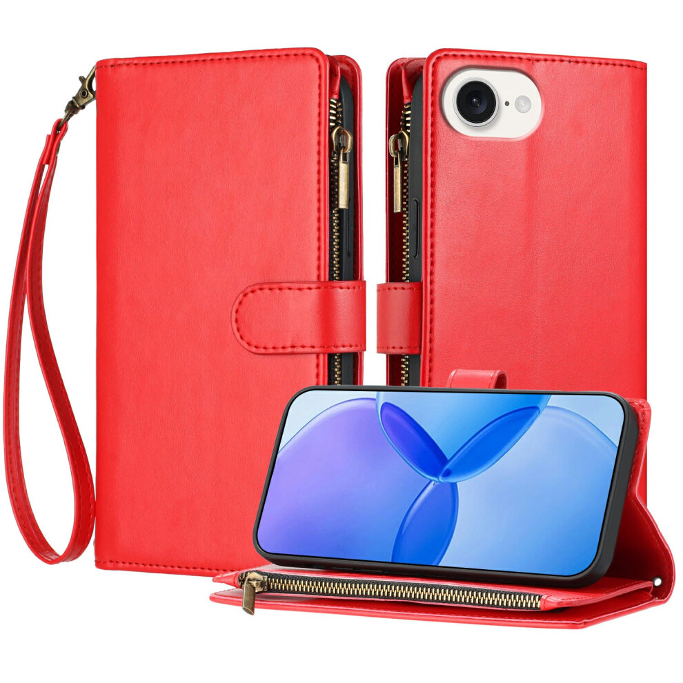 (Iphone 16E, ) For Iphone 16E Leather Case Zipper Wallet Stand Shockproof Phone Cover With Wrist Strap Red 6914281241318