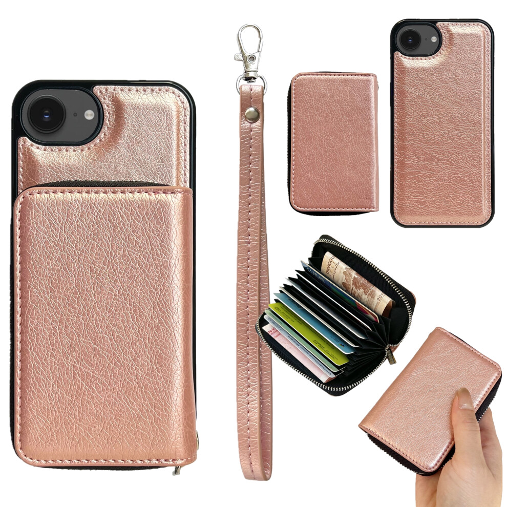 (Iphone 16E, Rose ) For Iphone 16E Case Detachable Zipper Card Bag Pu Tpu Kickstand Phone Case With Strap Gold 6914286704764