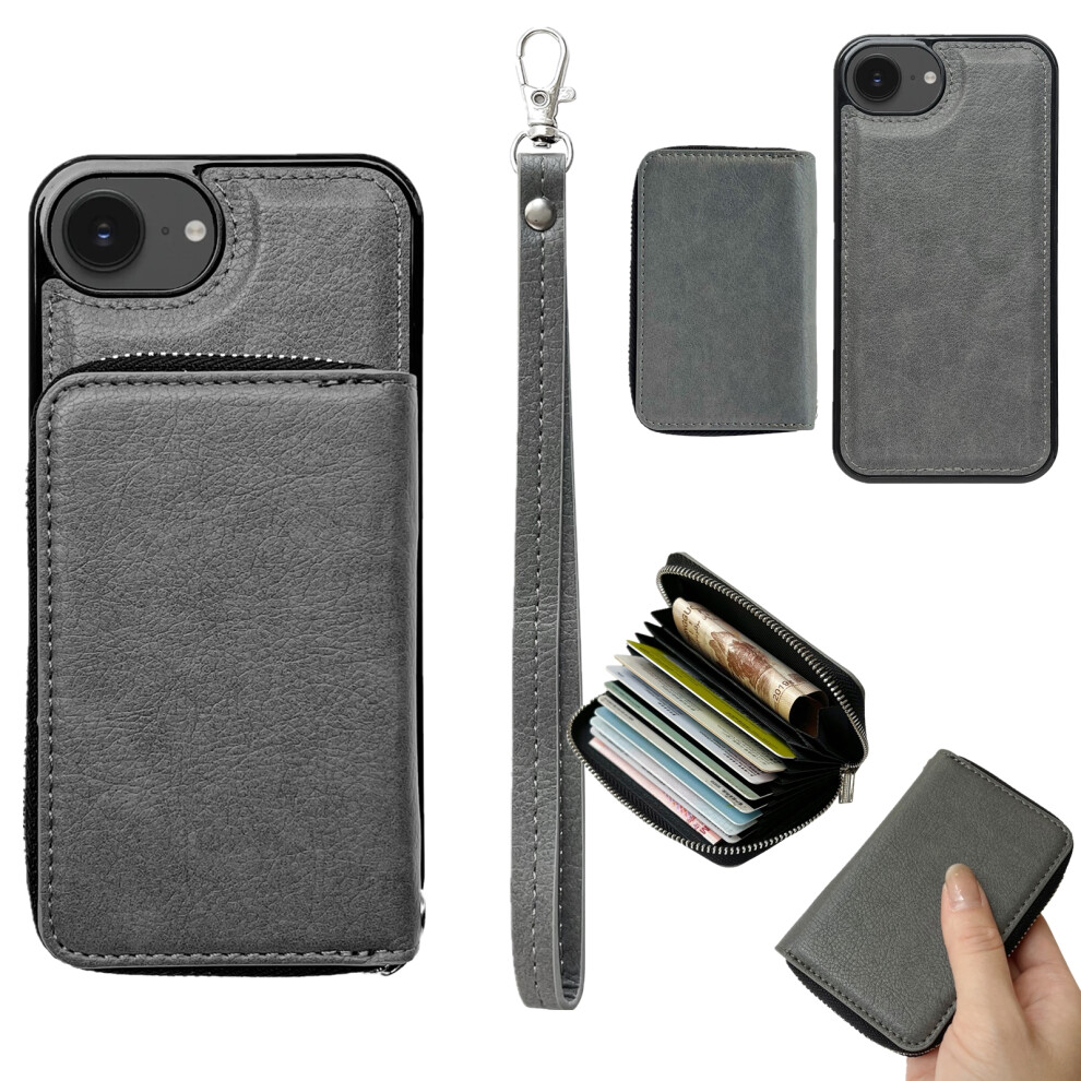 (Iphone 16E, ) For Iphone 16E Case Detachable Zipper Card Bag Pu Tpu Kickstand Phone Case With Strap Grey 6914284056049