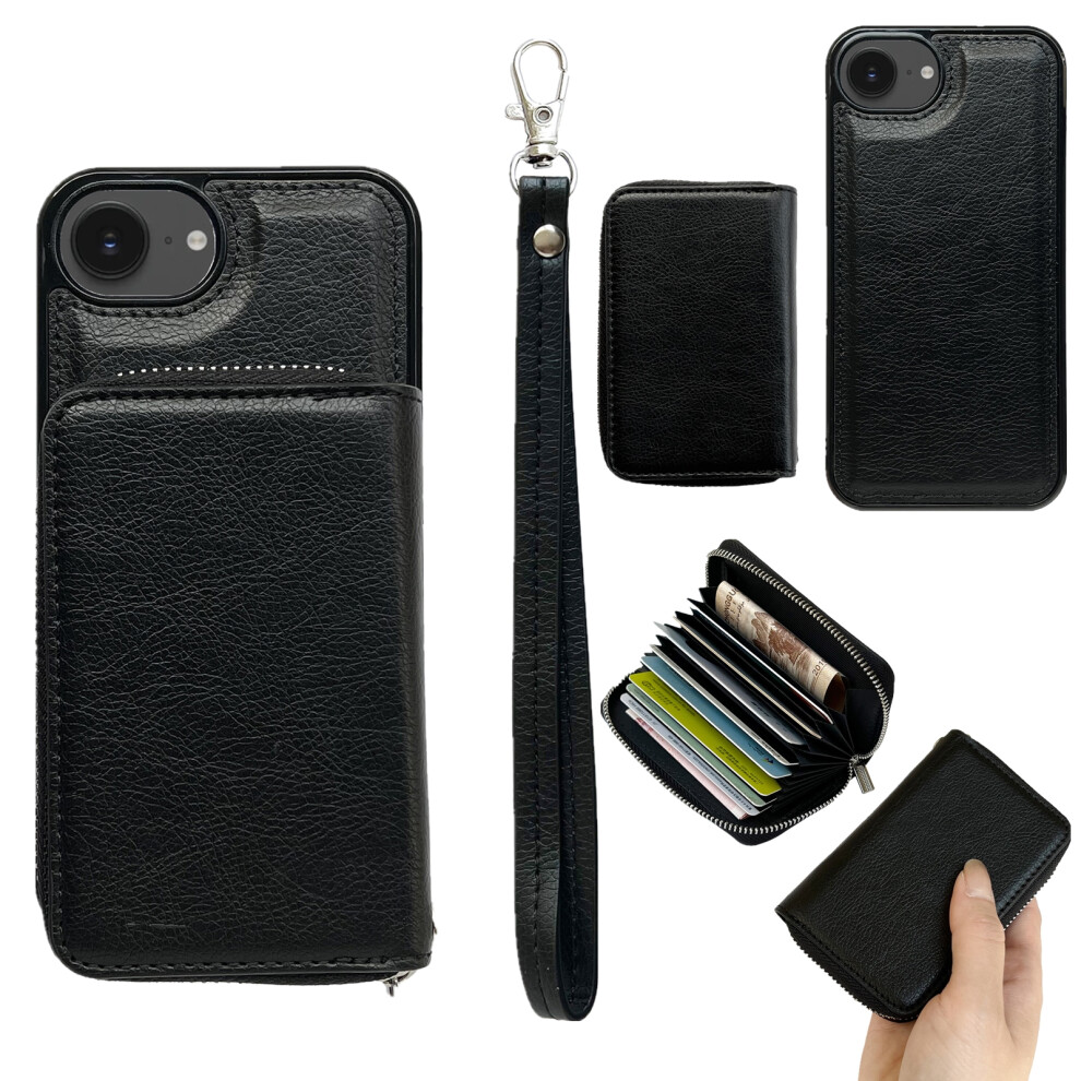 (Iphone 16E, ) For Iphone 16E Case Detachable Zipper Card Bag Pu Tpu Kickstand Phone Case With Strap Black 6914285068560