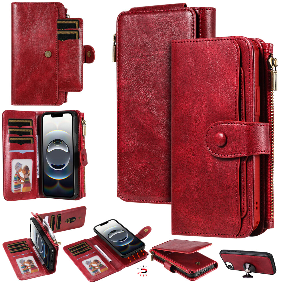 (Iphone 16E, ) For Iphone 16E Case Pu Leather Zipper Wallet Detachable Cover Red 6914284119270