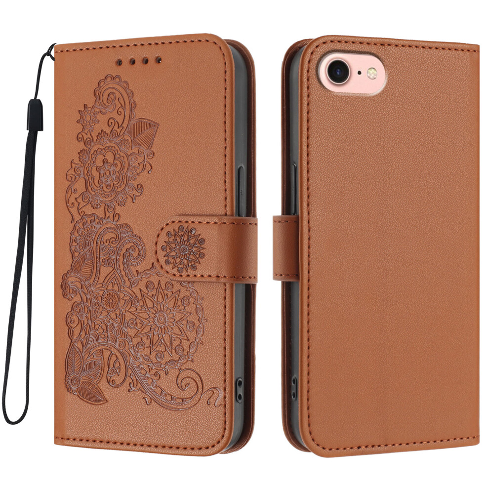 (Iphone 16E, Coffee) For Iphone 16E Phone Cases Mandala Flower Leather Wallet Mobile Cover With Strap Brown 6914280937465