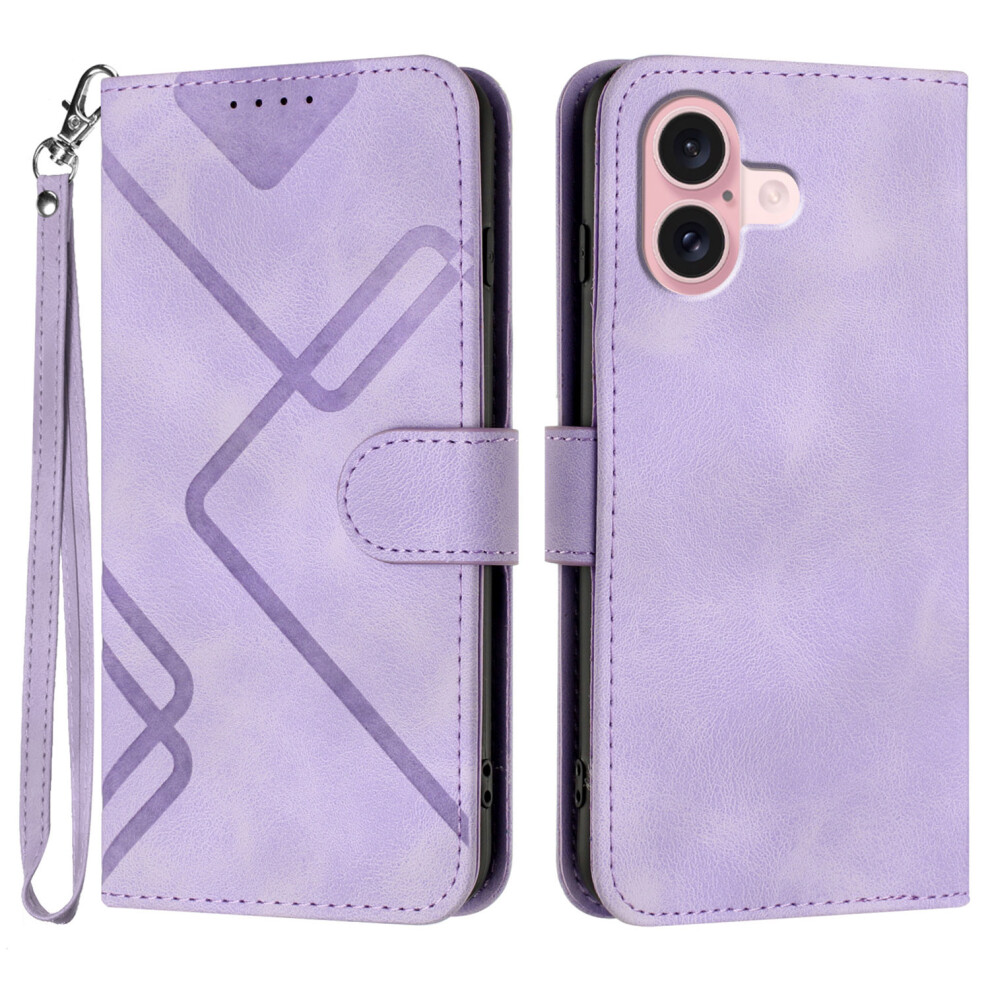 (Iphone 16, ) For Iphone 16 Wallet Case Line Imprinted Pu Leather Phone Cover With Strap Purple 6914283801299