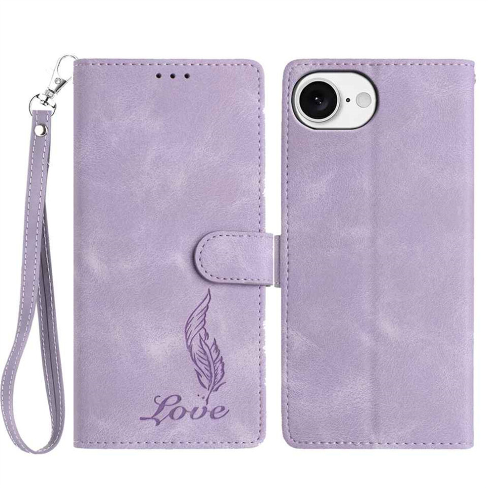 (Iphone 16E, ) For Iphone 16E Case Imprinted Feather Pu Leather Wallet Phone Cover With Wrist Strap Purple 6914284010591