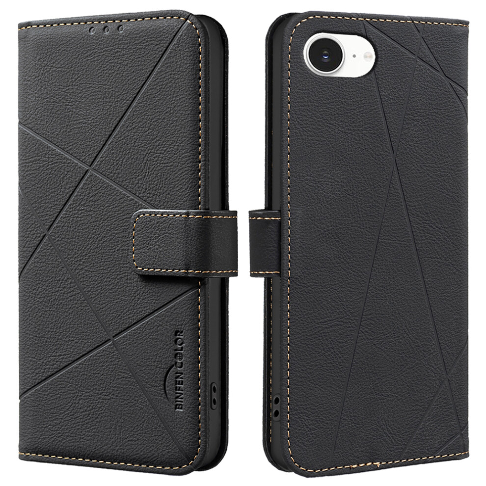 (Iphone 16E, ) Binfen Color Bf35 For Iphone 16E Case Rfid Blocking Wallet Stand Geometry Imprinted Leather Phone Cover Black 6914281442647