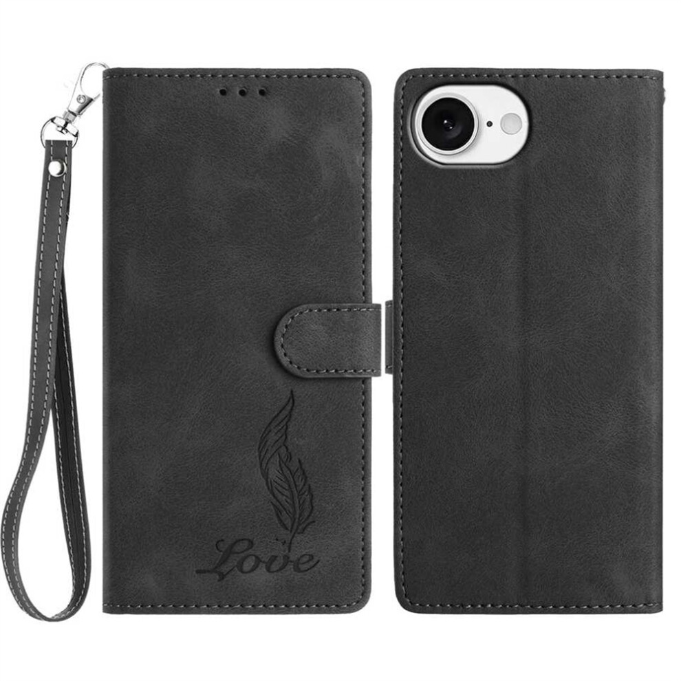 (Iphone 16E, ) For Iphone 16E Case Imprinted Feather Pu Leather Wallet Phone Cover With Wrist Strap Black 6914280424446