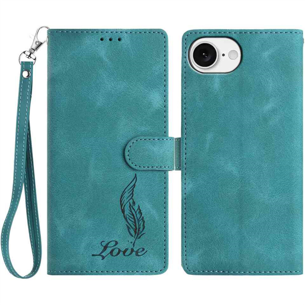 (Iphone 16E, ) For Iphone 16E Case Imprinted Feather Pu Leather Wallet Phone Cover With Wrist Strap Green 6914285576256
