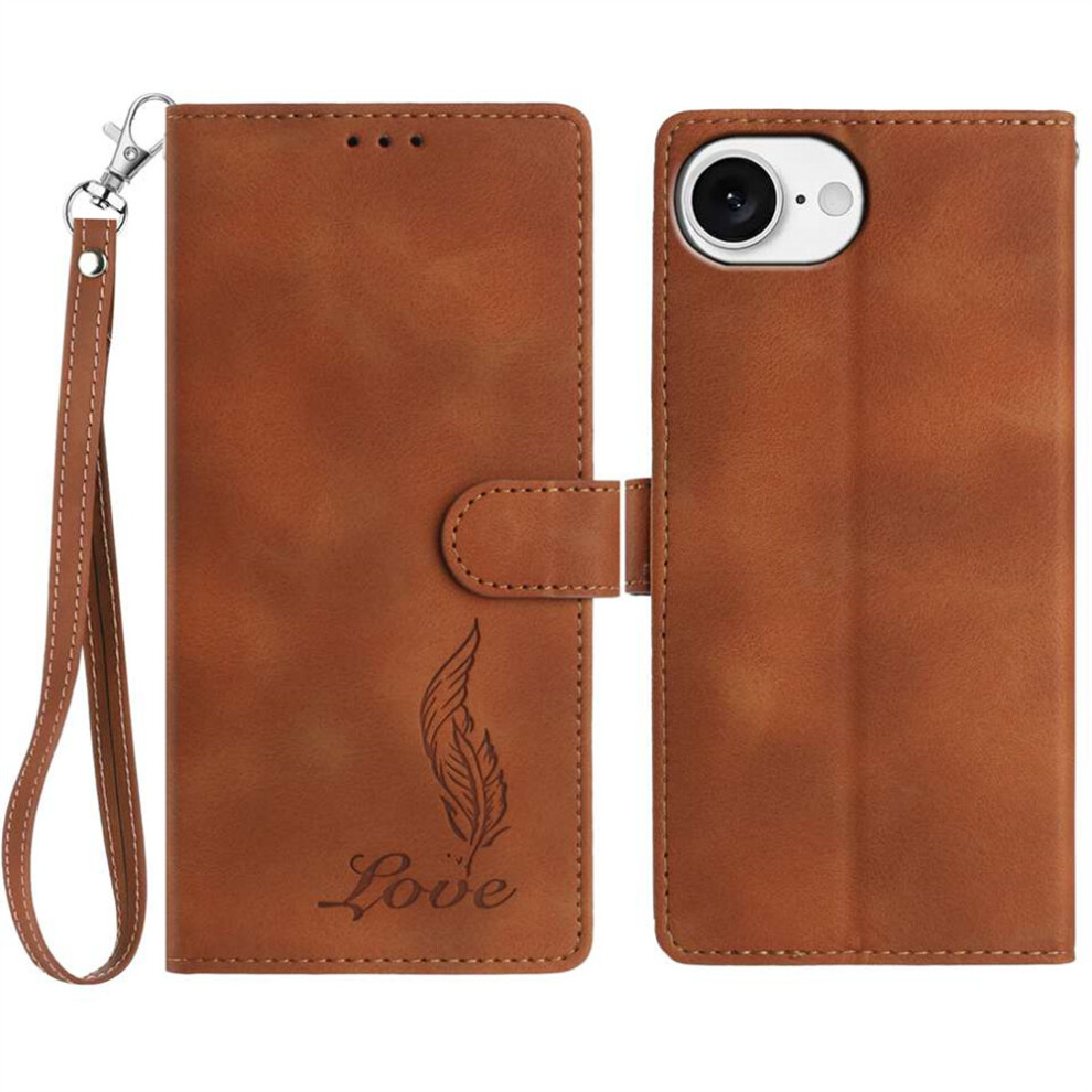 (Iphone 16E, ) For Iphone 16E Case Imprinted Feather Pu Leather Wallet Phone Cover With Wrist Strap Brown 6914281031797