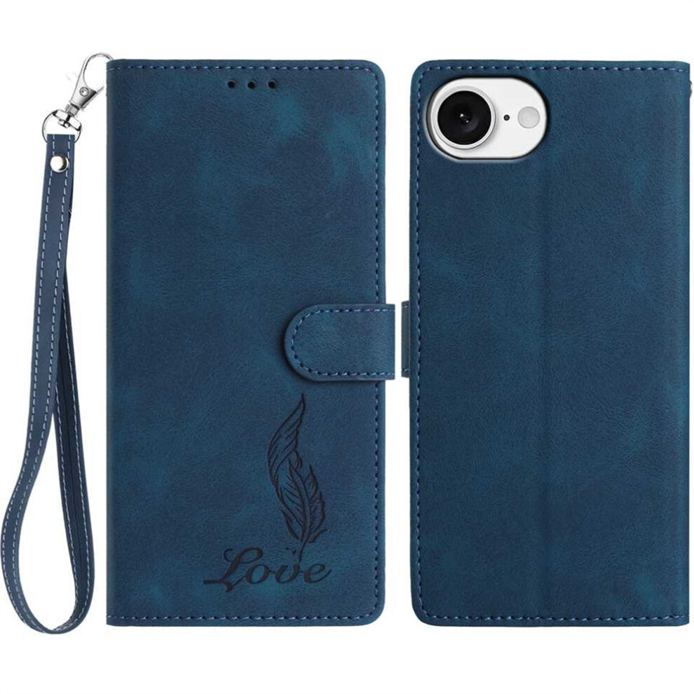 (Iphone 16E, Dark ) For Iphone 16E Case Imprinted Feather Pu Leather Wallet Phone Cover With Wrist Strap Blue 6914281045299