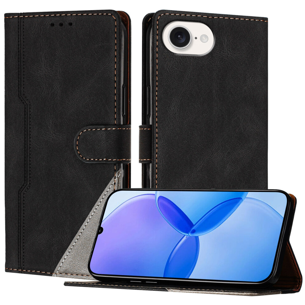 (Iphone 16E, ) For Iphone 16E Leather Case Triangle Patchwork Wallet Stand Shockproof Phone Cover Black 6914284268329