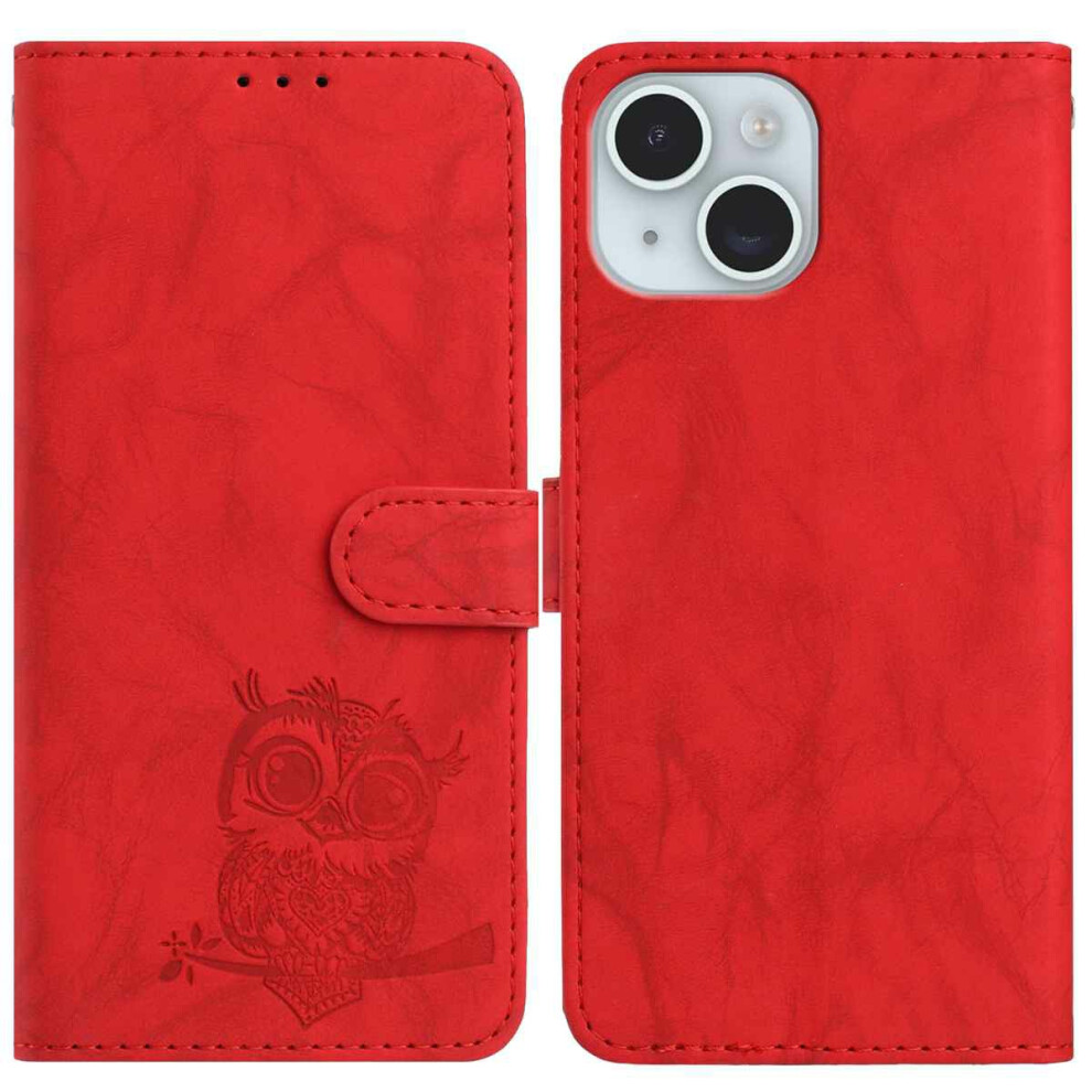 (Iphone 15, ) For Iphone 15 Case Owl Imprinted Pu Leather Wallet Phone Cover With Wrist Strap Red 6914287597860