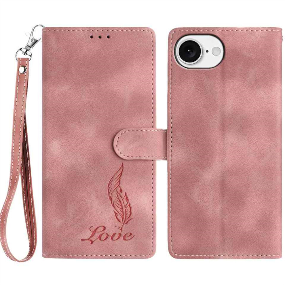 (Iphone 16E, ) For Iphone 16E Case Imprinted Feather Pu Leather Wallet Phone Cover With Wrist Strap Pink 6914283738175